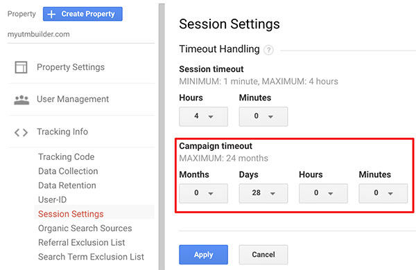 Campaign timeout in Google Analytics. How to change settings